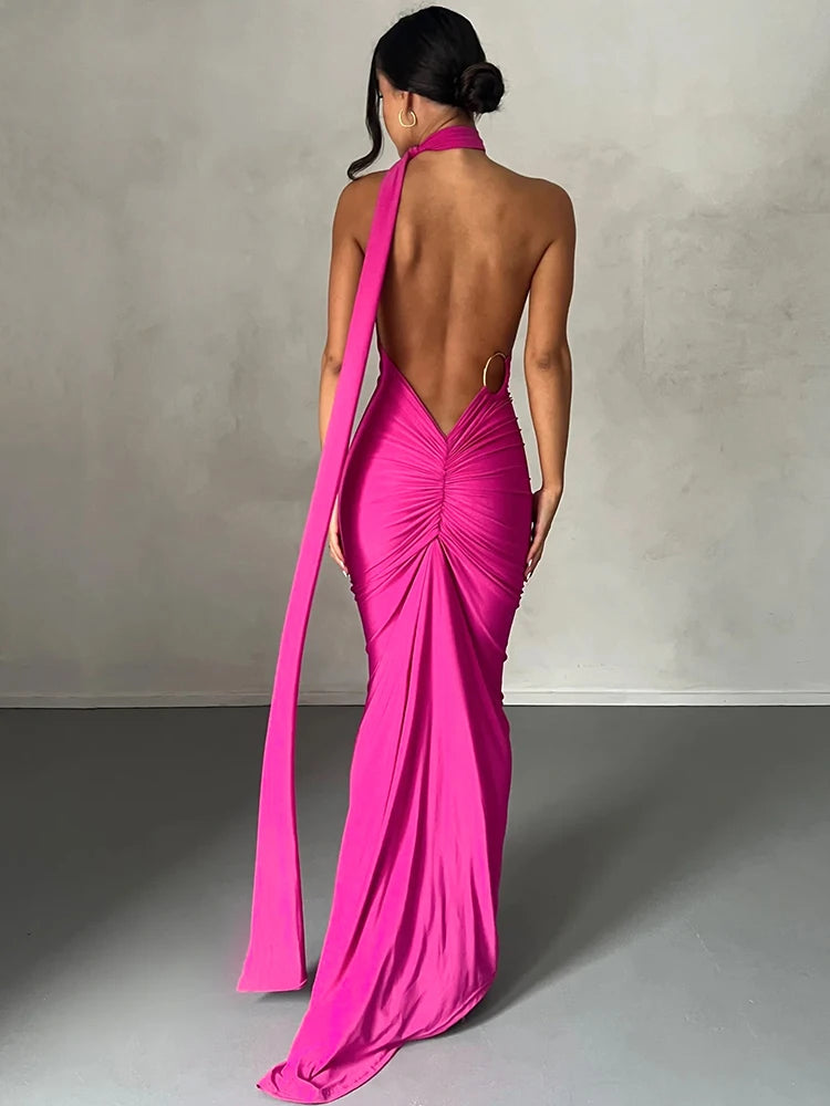 Hugcitar One Shoulder Backless Adjustable Scarf Loop Ruched Sexy Maxi Dress Women Elegant Y2K Streetwear Festival Outfit